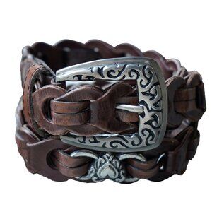 Vintage 80s Western Brown Leather Heart Motif Silver Tone Coastal Cowgirl Belt